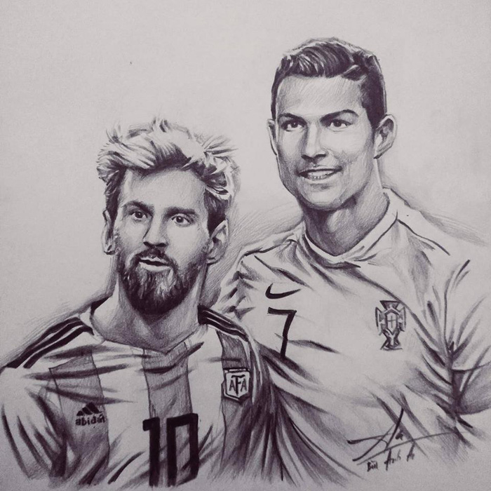 Messi and Ronaldo stands side by side in their national jerseys in this drawing posted on Bui Anh An’s Facebook.