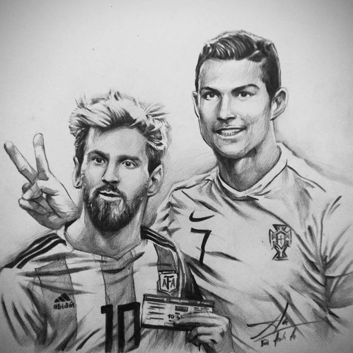 Messi holds an air ticket standing by Ronaldo’s side in this drawing posted on Bui Anh An’s Facebook.