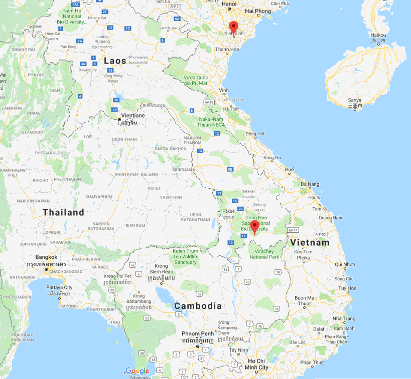 Do Van Dung’s hometown in Ninh Binh Province, Vietnam (upper marker) and Sanamxay District in Attapeu Province, Laos (lower marker) are see in this Google Maps screenshot.