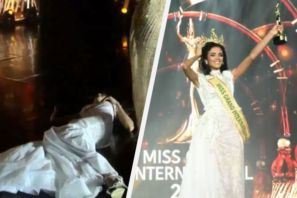 Paraguay's Clara Sosa manages to pick herself up after appearing to pass out and do her first walk as the winner of this year's Miss Grand International.
