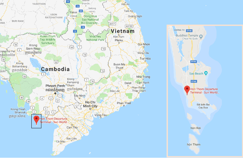 A terminal of the Hon Thom Cable Car (red marker) in Kien Giang Province, southern Vietnam, is seen in this Google Maps rendition. Photo: Tuoi Tre