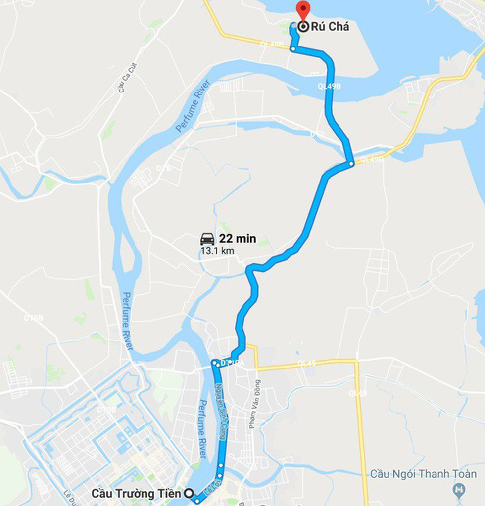 The suggested route from the Ru Cha Forest to Thua Thien-Hue’s center is seen in this Google Maps screenshop.