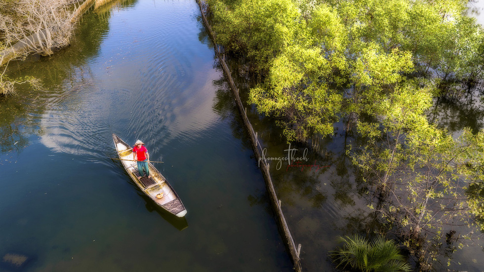 A man moves a boat on the waters of the Ru Cha Forest in Thua Thien-Hue Province, central Vietnam. Photo: Pham Ngoc Thach