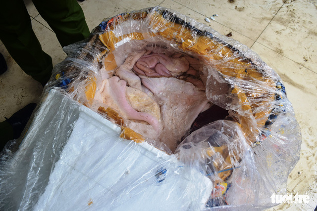 Animal innards in a box seized by police from a Laotian bus running through Thua Thien-Hue Province, central Vietnam, November 28, 2018. Photo: Tuoi Tre