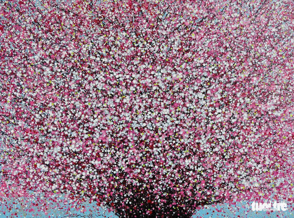 A photo of the acrylic painting “Hoa dao” (Peach Flowers) by artist Lieu Nguyen Huong Duong