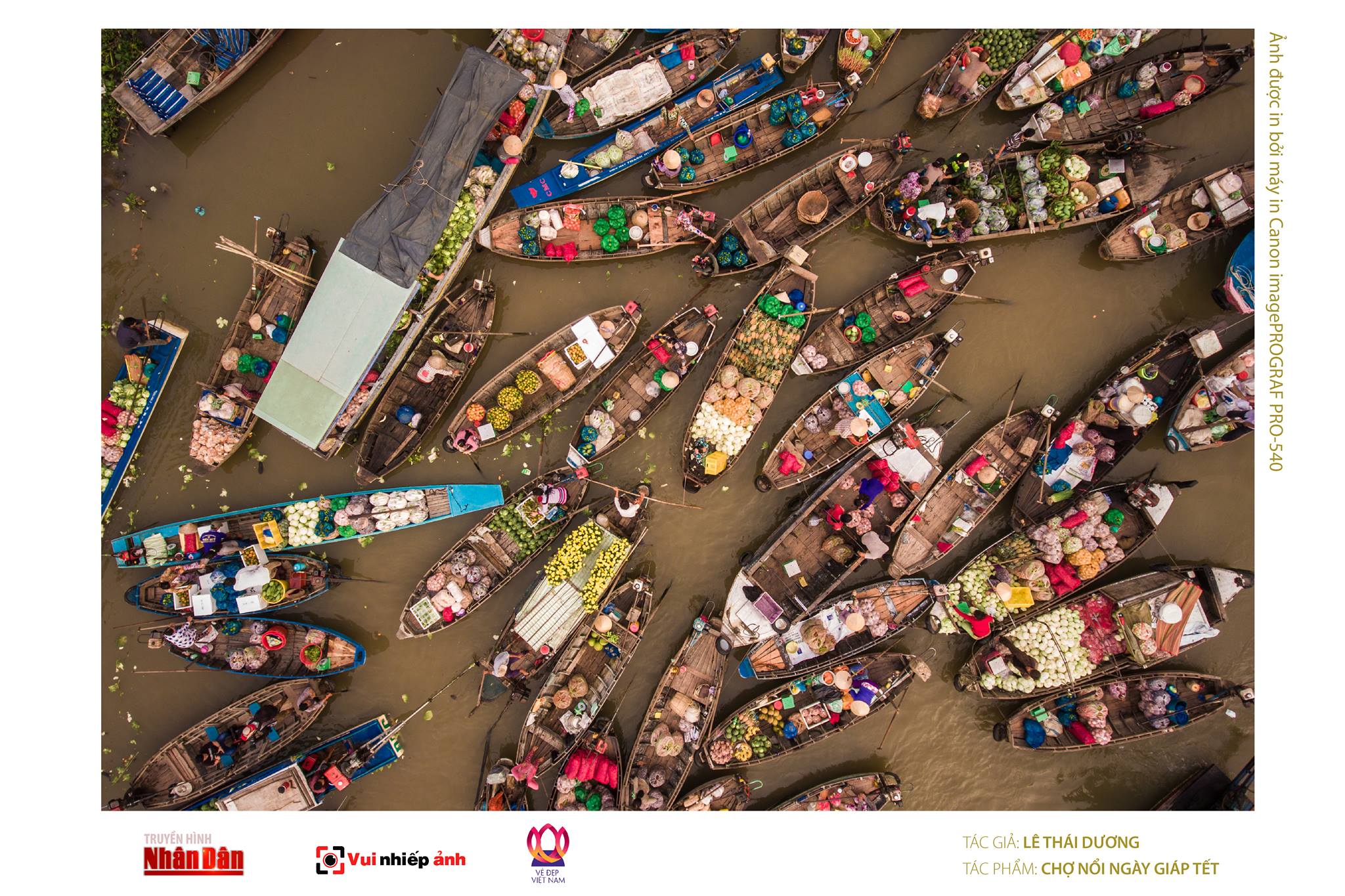 A flycam shot captures an iconic floating market in Vietnam's Mekong Delta on Tet holiday