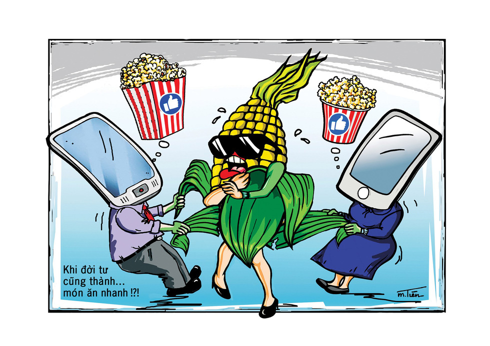 ‘Khi doi tu cung thanh… mon an nhanh’ (When Life Becomes Fast Food) by Nguyen Manh Tien. The caricature depicts a corn being peeled by two smartphones that are hungry for some popcorn.