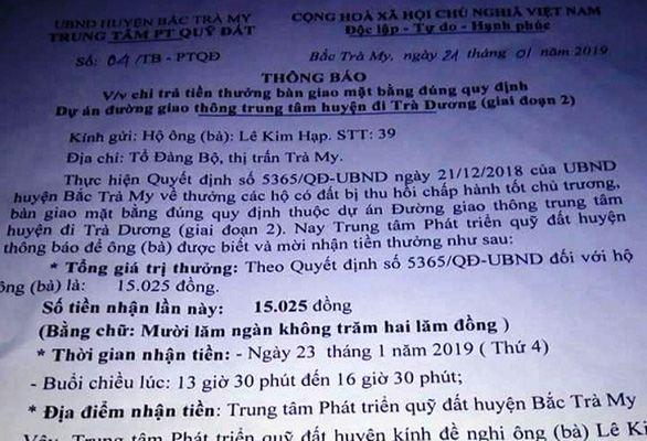 Vietnam family rewarded with $0.65 for good compliance with site clearance order