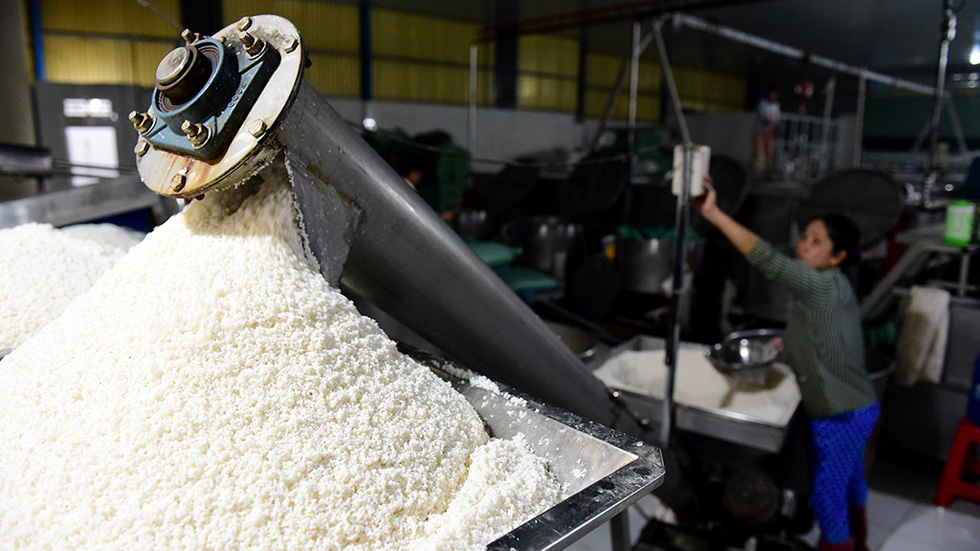 A worker operates a machine that removes dirty substances on rice grains in the first stage of producing flour in the Sa Dec Flour Village in Dong Thap Province, southwestern Vietnam. Photo: C. Quoc, D. Phan & T. Nhon / Tuoi Tre
