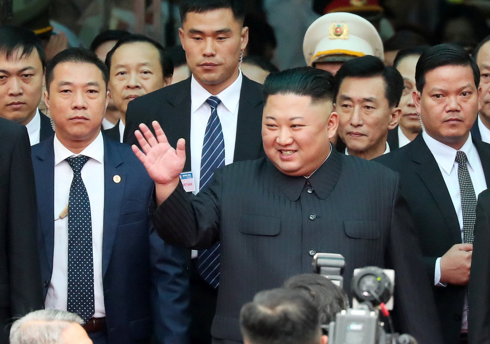 North Korea's leader Kim Jong Un waves as he arrives at the Dong Dang railway station, Vietnam, at the border with China, February 26, 2019. Photo: Reuters