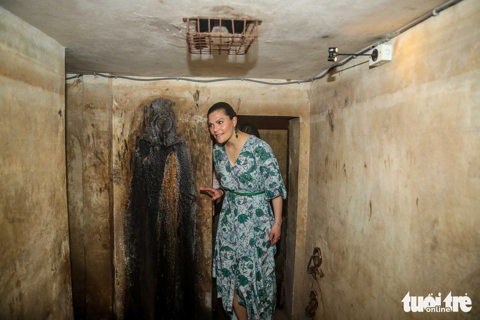 Crown Princess Victoria visits the bomb shelter at the Sofitel Legend Metropole Hanoi on May 6, 2019.