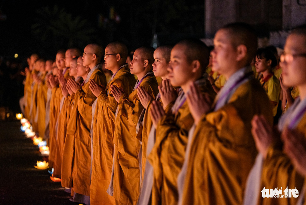Monks pray at the Tam Chuc Pagoda in Ha Nam, northern Vietnam, on May 13, 2019. Photo: Nam Tran / Tuoi Tre