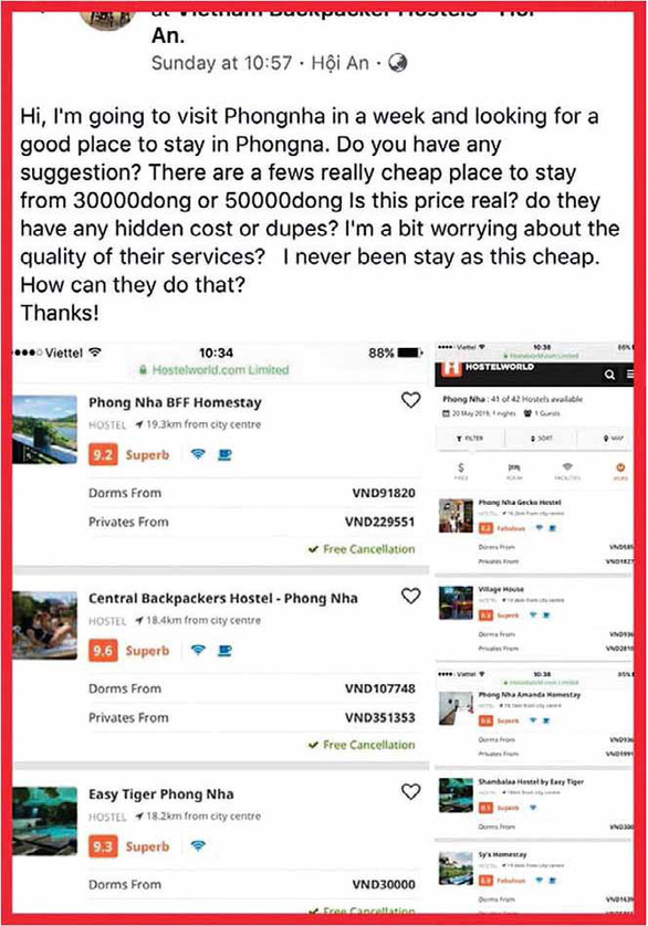 A screenshot of a Facebook post by a foreign visitor regarding her confusion of unsually cheap price of hotel rooms in Phong Nha – Ke Bang.