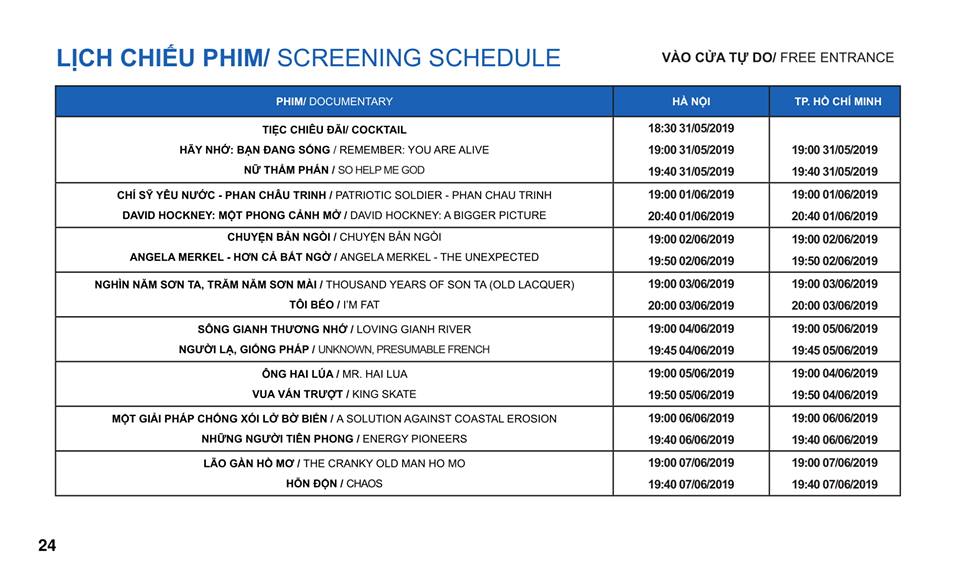 Screening schedule for the tenth European-Vietnamese Documentary Film Festival.