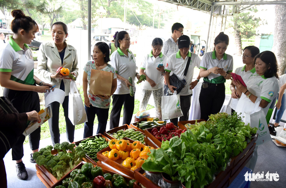 People visit an organic vegetable booth at Song Xanh Festival at Le Van Tam Park, District 1, Ho Chi Minh City, June 2, 2019. Photo: Duyen Phan / Tuoi Tre