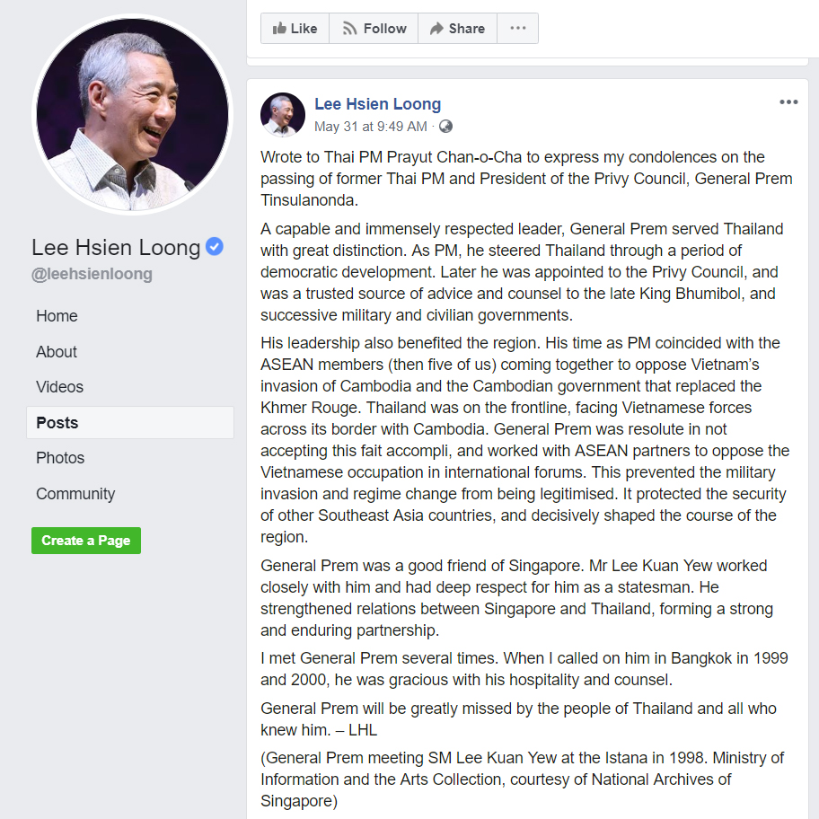 A screen grab of a May 31, 2019 Facebook post by Singaporean Prime Minister Lee Hsien Loong that includes comments on Vietnam’s presence in Cambodia in 1979.