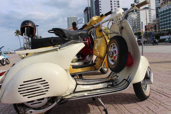 Vintage Vespa scooters are showcased in Nha Trang City, Vietnam on June 9, 2019. Photo: Thai Thinh / Tuoi Tre