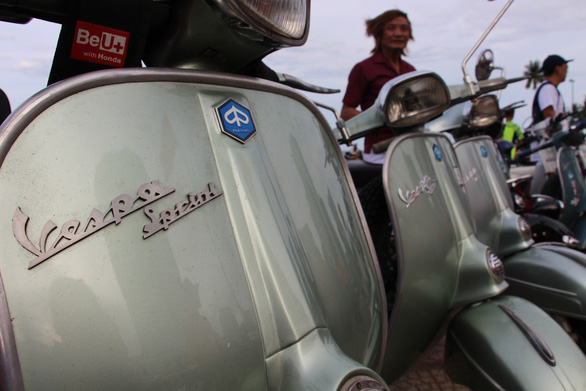Vintage Vespa scooters are showcased in Nha Trang City, Vietnam on June 9, 2019. Photo: Thai Thinh / Tuoi Tre