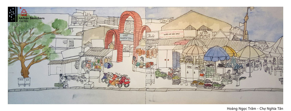A painting by Ngoc Tram depicts Nghia Tan market in Cau Giay District, Hanoi