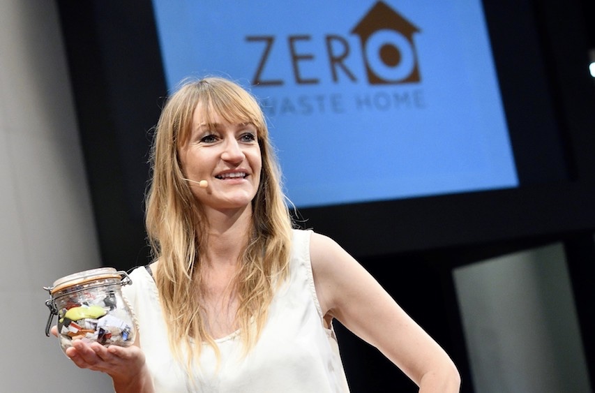 Bea Johnson holds a jar containing her family's year-worth of waste. Photo: Zero Waste Home