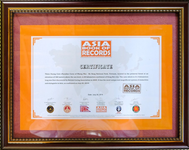 Asia Book of Records' certificate recognizing  Thien Duong Cave within the Phong Nha - Ke Bang National Park in the north-central province of Quang Binh. Photo: supplied