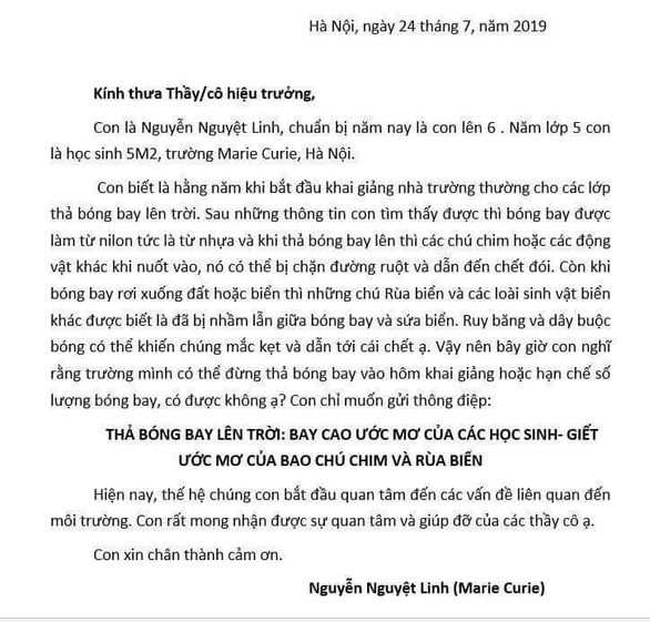 A screen grab of Nguyen Nguyet Linh’s e-mail she sent to headmasters of schools in Hanoi, Vietnam.