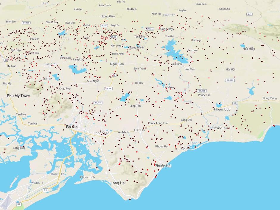 A screen grab of an interactive map of Vietnam battle locations featuring data correlated by Derrill de Heer and Bob Hall. Photo: University of New South Wales