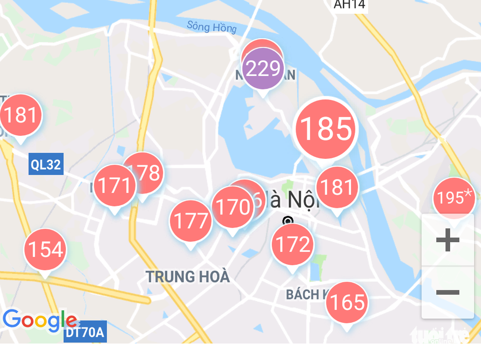 Air Quality Index in multiple areas of Hanoi remain consistently above 150 on the morning of September 30, 2019. Photo: AirVisual