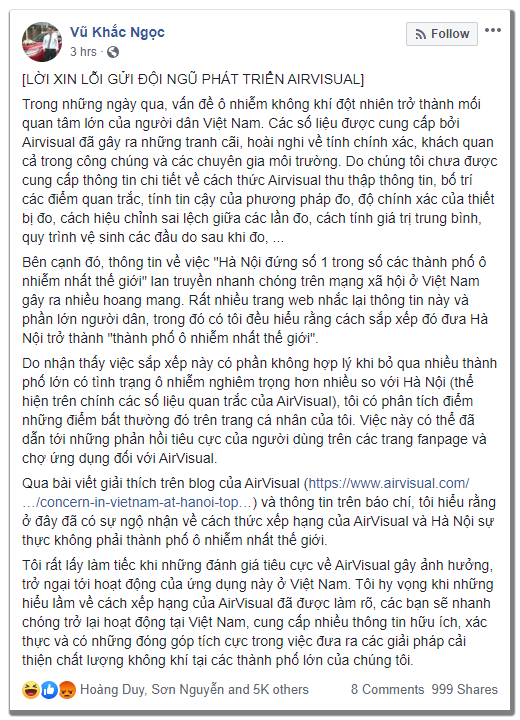 An apology to AirVisual posted to the Facebook account of Vietnamese chemistry teacher Vu Khac Ngoc on October 8, 2019.