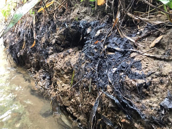 Traces of an oil spill are seen at a stream in the northern province of Hoa Binh. Photo: Q.P / Tuoi Tre