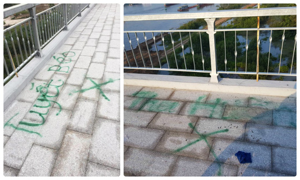 Names are sprayed in green paint on the sidewalk of Hoang Van Thu Bridge, Hai Phong City, in this photo uploaded on Facebook