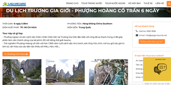 Tours to Zhangjiajie and Fenghuang Ancient Town, China are advertised on the website of Vietnamese holiday firm Saigontourist in this screen grab.