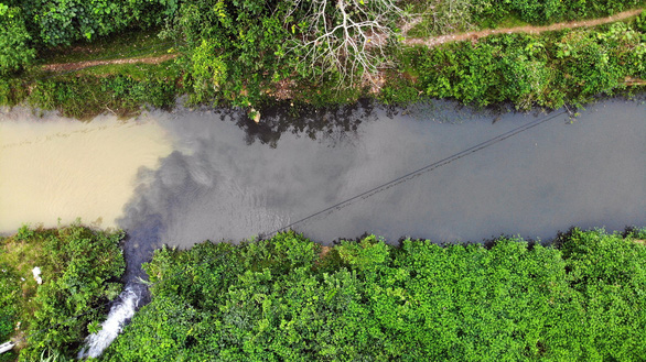 Waste matter flows into the Da (Black) River in Hoa Binh Province from a nearby stream, turning the river water into a blackish color. Photo: Le Hoang / Tuoi Tre