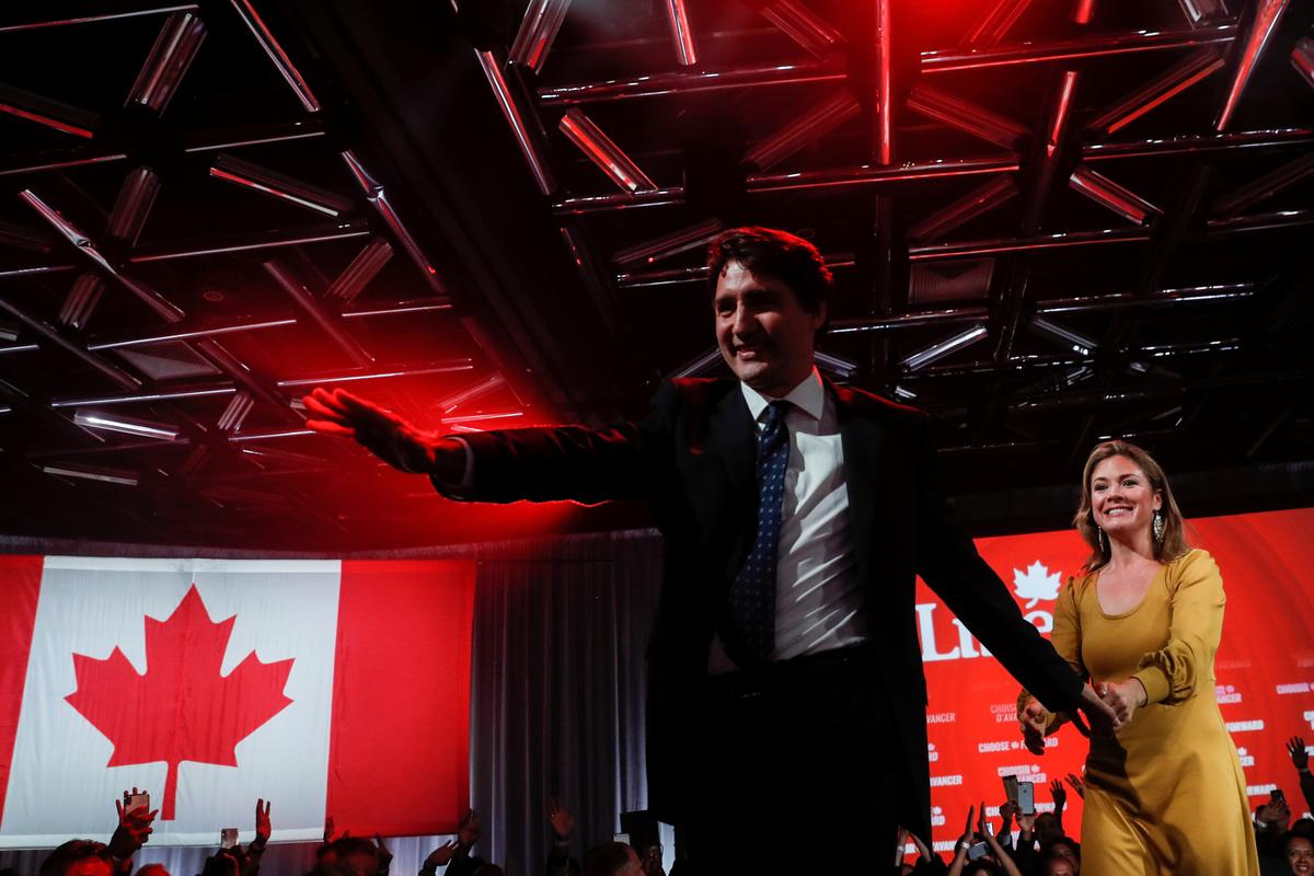 Liberal leader and Canadian Prime Minister Justin Trudeau and his wife Sophie Gregoire Trudeau react after the federal election at the Palais des Congres in Montreal, Quebec, Canada October 22, 2019. Photo: Reuters