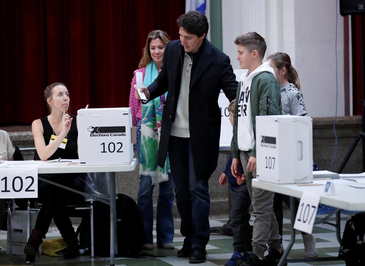 Liberal leader and Canadian Prime Minister Justin Trudeau, accompanied by his wife Sophie Gregoire Trudeau, their sons Xavier and Hadrien, and their daughter Ella-Grace, votes in the federal election in Montreal, Quebec, Canada October 21, 2019. Photo: Reuters