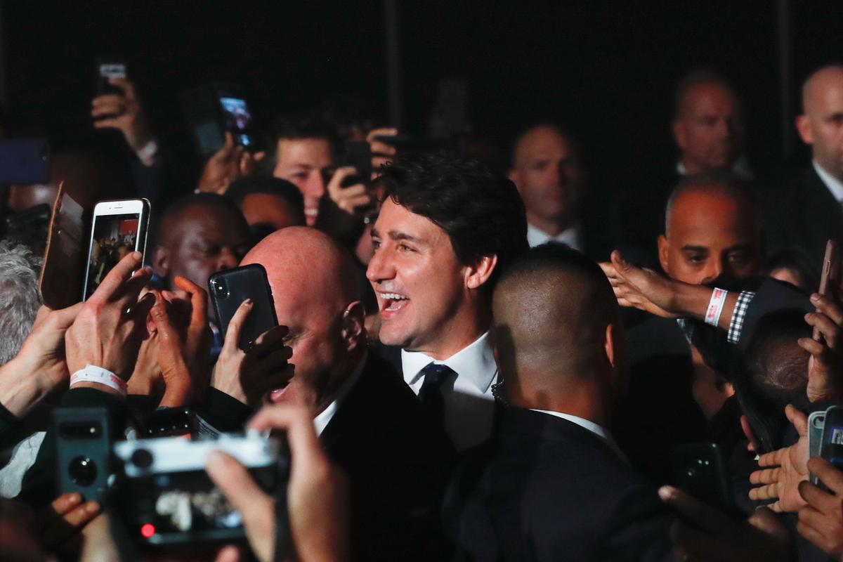 Liberal leader and Canadian Prime Minister Justin Trudeau arrives to speak after the federal election at the Palais des Congres in Montreal, Quebec, Canada October 22, 2019. Photo: Reuters