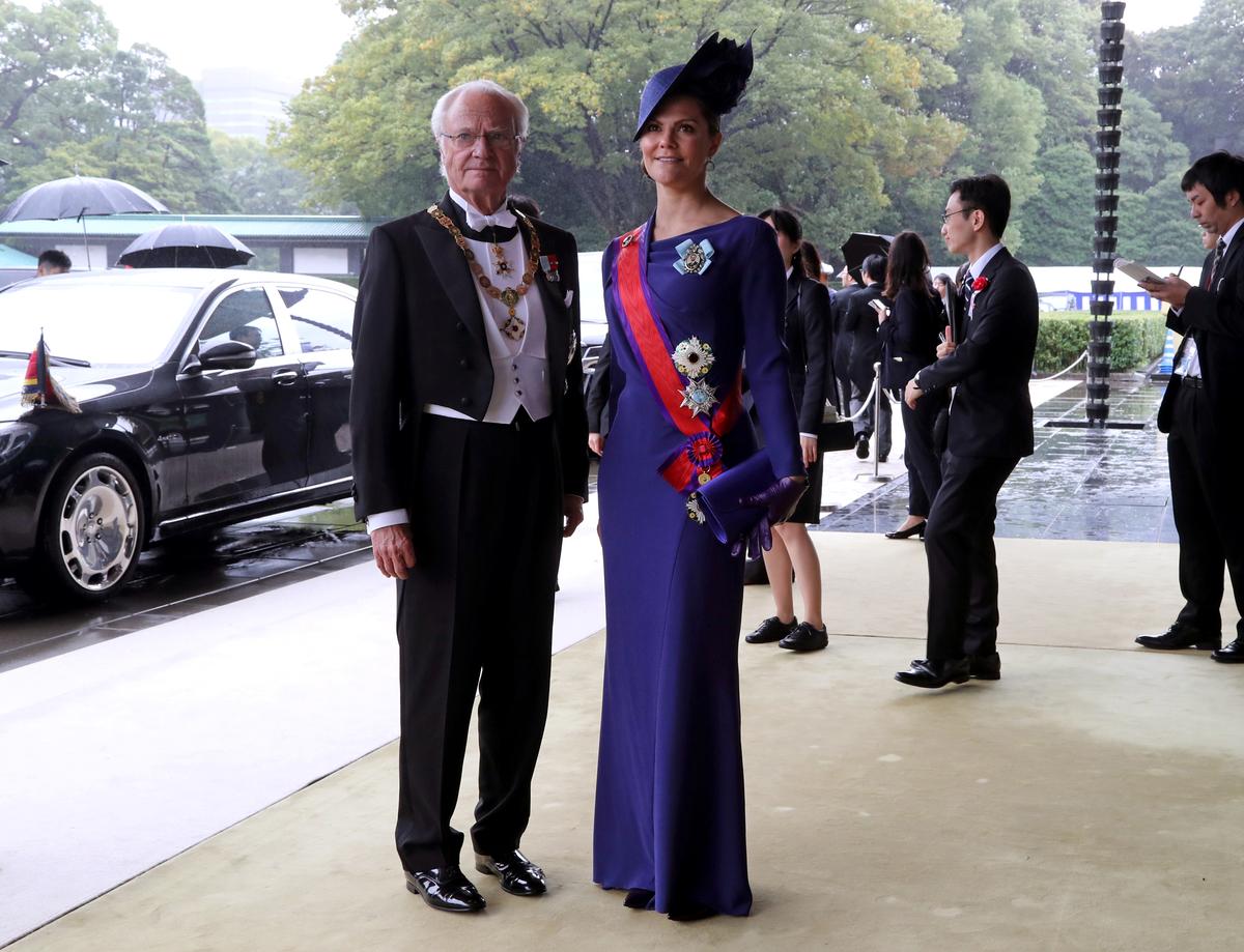 Sweden's King Carl XVI Gustaf and Crown Princess Victoria arrive at the Imperial Palace to attend the proclamation ceremony of the enthronement of Japan's Emperor Naruhito in Tokyo, Japan, October 22, 2019.  Koji Sasahara/Pool via REUTERS
