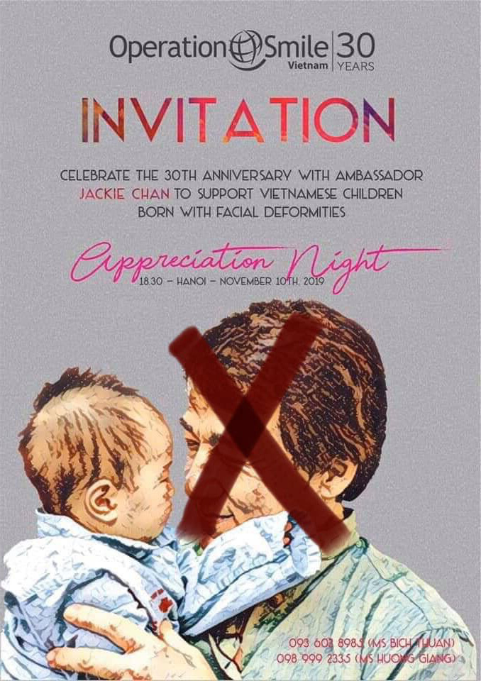 An original advertisement promoting Operation Smile Vietnam’s 30th anniversary and Jackie Chan’s attendance at the event is marked with a cross in a clear show of opposition