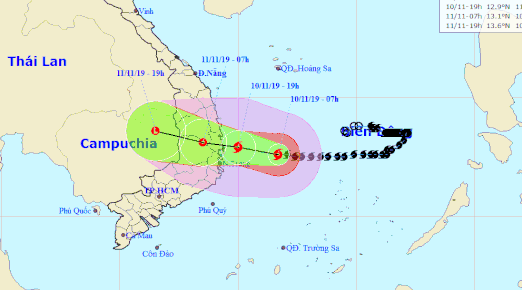 A map detailing the route of Tropical Storm Nakri on November 10 and 11, 2019. Photo: National Center for Hydro-meteorological Forecasting