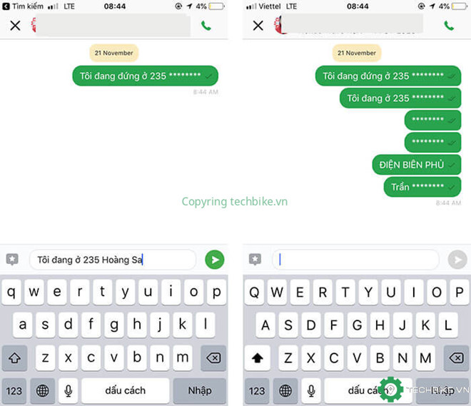 Screenshots of texts containing the name 'Hoang Sa' being replaced with asterisks in the chat tool of Go-Viet's mobile app. Photo: Thanh Nien / techbike.vn