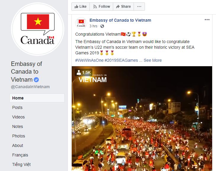 A screenshot shows a post of congratulation to the Vietnamese team on the Embassy of Canada in Hanoi's verified Facebook account on December 11,2019. Photo: Dong Nguyen/Tuoi Tre News