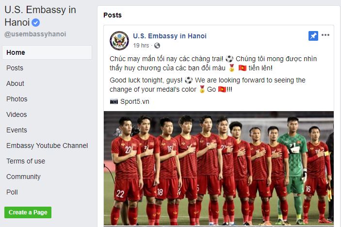 A screenshot shows a post of support to the Vietnamese team on the verified Facebook account of the U.S. Embassy in Hanoi on December 10, 2019. Photo: Dong Nguyen/Tuoi Tre News