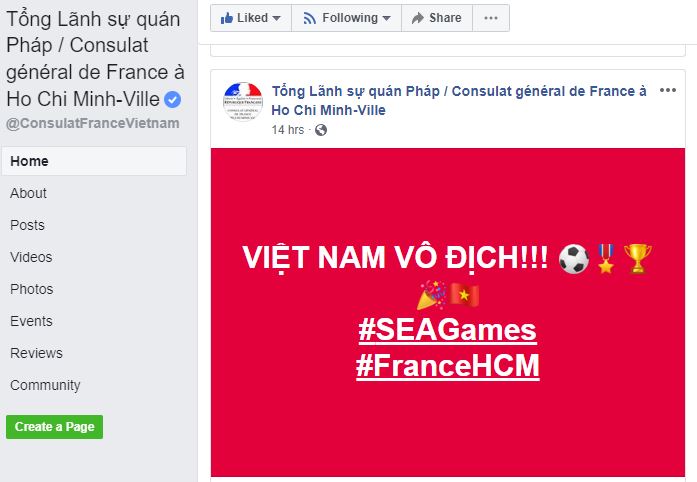 A screenshot shows a post of congratulation to the Vietnamese team on the Consulate General of France in Ho Chi Minh City's verified Facebook account on December 10,2019. Photo: Dong Nguyen/Tuoi Tre News