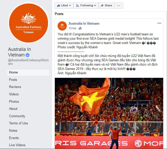 A screenshot shows a post of congratulation to the Vietnamese football men and women teams on the Australian Embassy in Hanoi's verified Facebook account on December 10,2019. Photo: Dong Nguyen/Tuoi Tre News