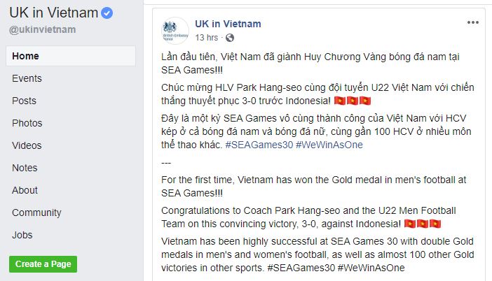 A screenshot shows a post of congratulation to the Vietnamese victories at SEA Games 30 on the British Embassy in Hanoi's verified Facebook account on December 10,2019. Photo: Dong Nguyen/Tuoi Tre News