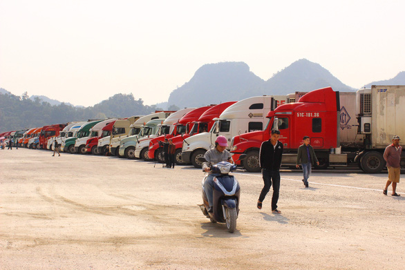 Trailer trucks carrying fruits and vegetables get stuck at the Tan Thanh border gate in the northern province of Lang Son. Photo: B. Ngoc / Tuoi Tre