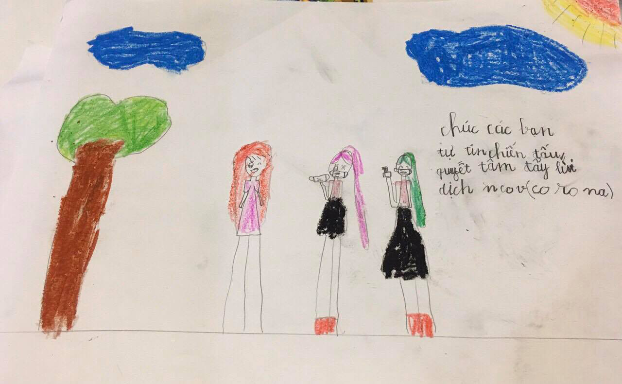 A drawing sent by a first-grade student at Tran Quoc Toan elementary school in Hanoi to children in Vinh Phuc Province, Vietnam is seen in this provided photo.
