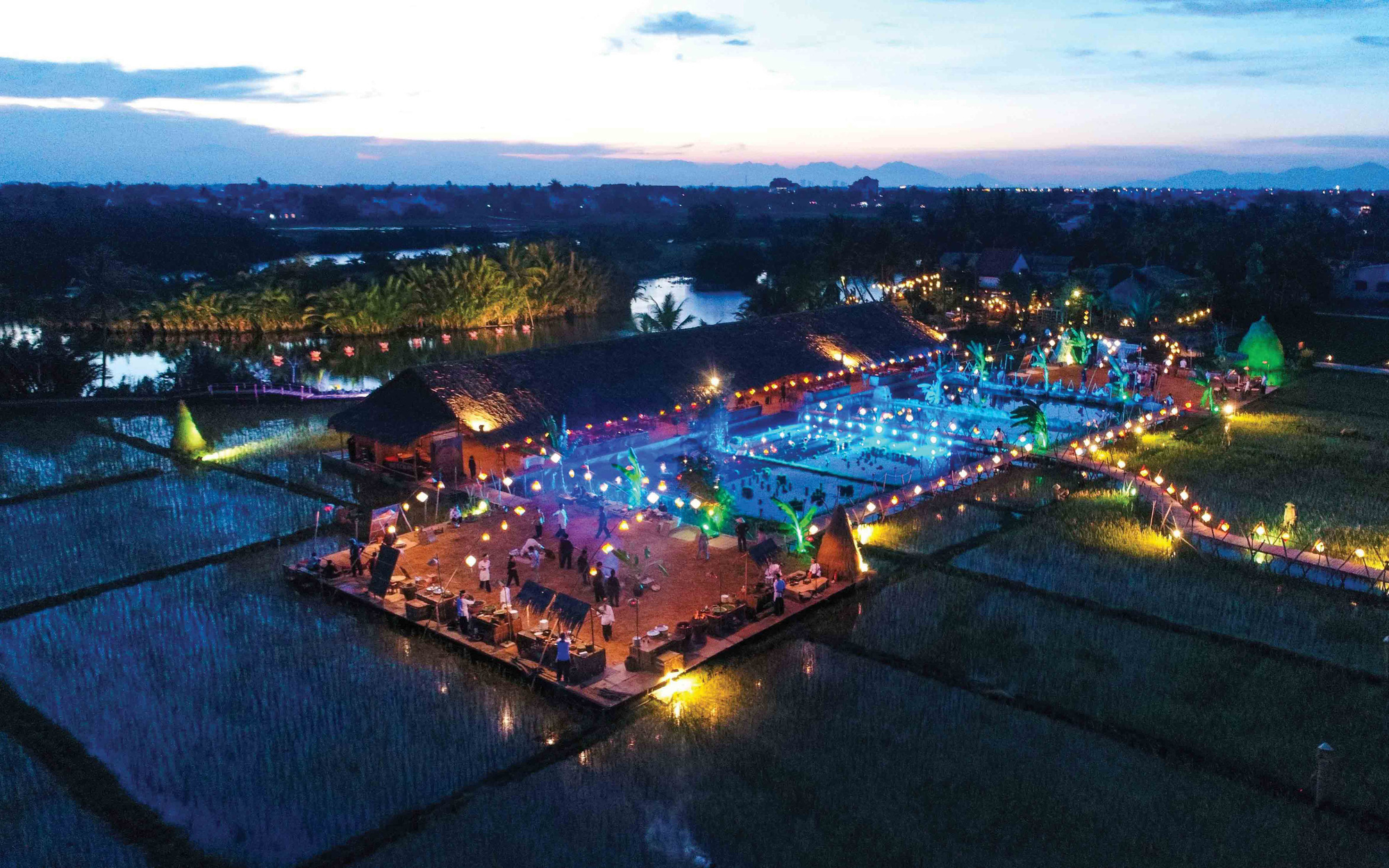 A bird eye's view at night of The Field Restaurant located in Cam Thanh Commune, Hoi An City, Quang Nam Province in central Vietnam. Photo: Thai Ba Dung / Tuoi Tre