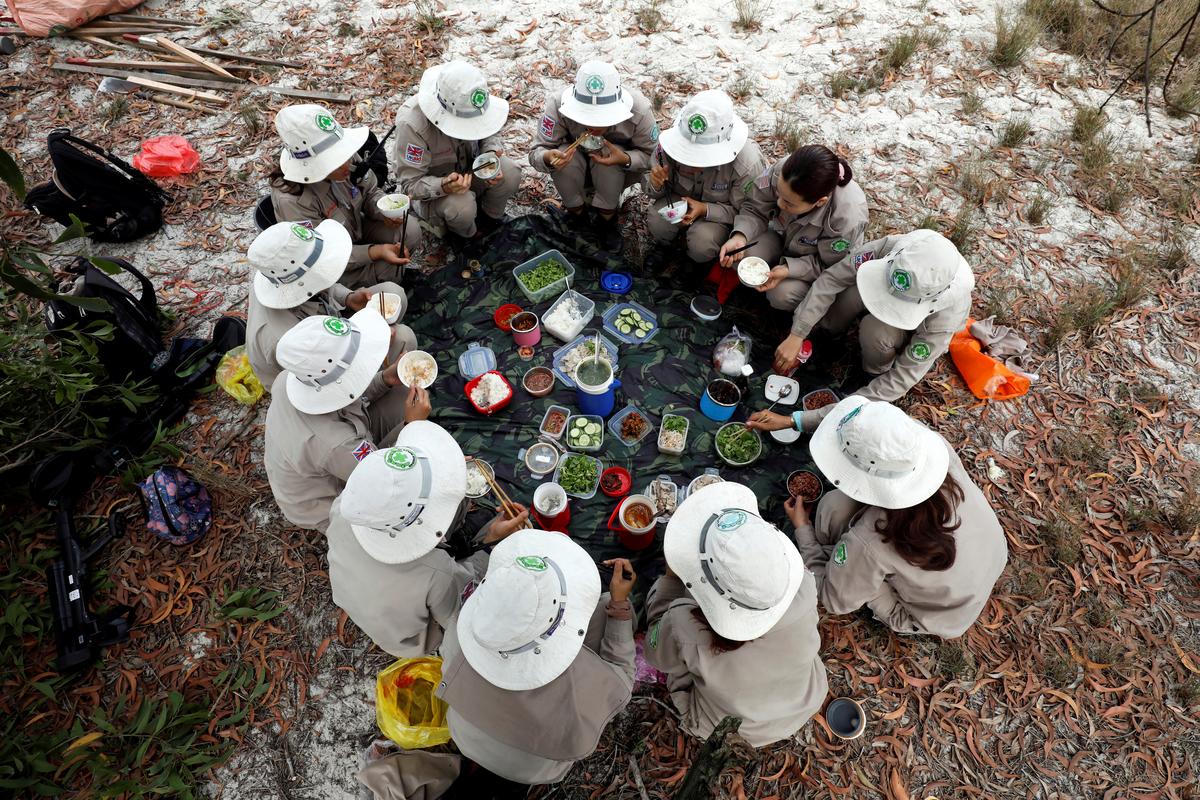 Members of all-female landmines clearance team sit under the shadow of a tree for their lunch on a field in Quang Tri province, Vietnam March 4, 2020. Picture taken March 4, 2020. Photo: Reuters