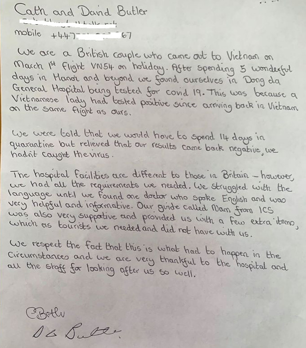 A handwritten letter by Cath and David Butler sent to the medical staff at Dong Da General Hospital in Hanoi, Vietnam is seen in this supplied photo.